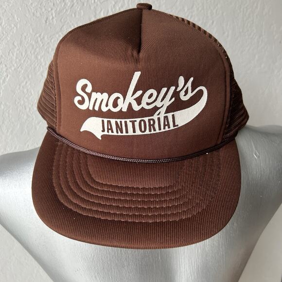 Vintage 70s 80s Smokey’s Janitorial Brown Mesh Snapback Trucker Hat Cap - Picture 3 of 8